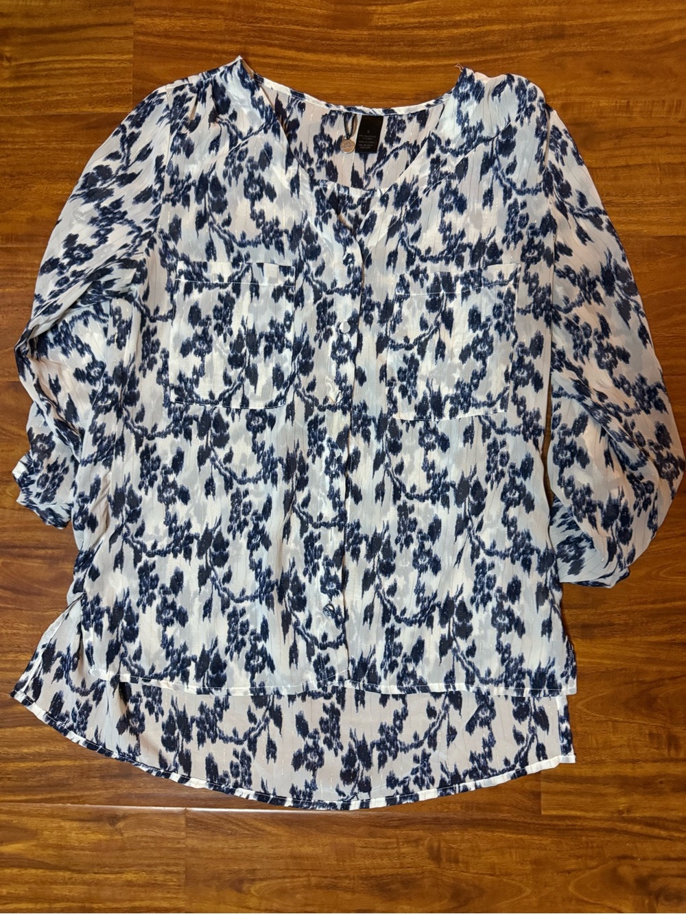 BKE Navy and White Printed V-Neck Long Sleeve Blouse